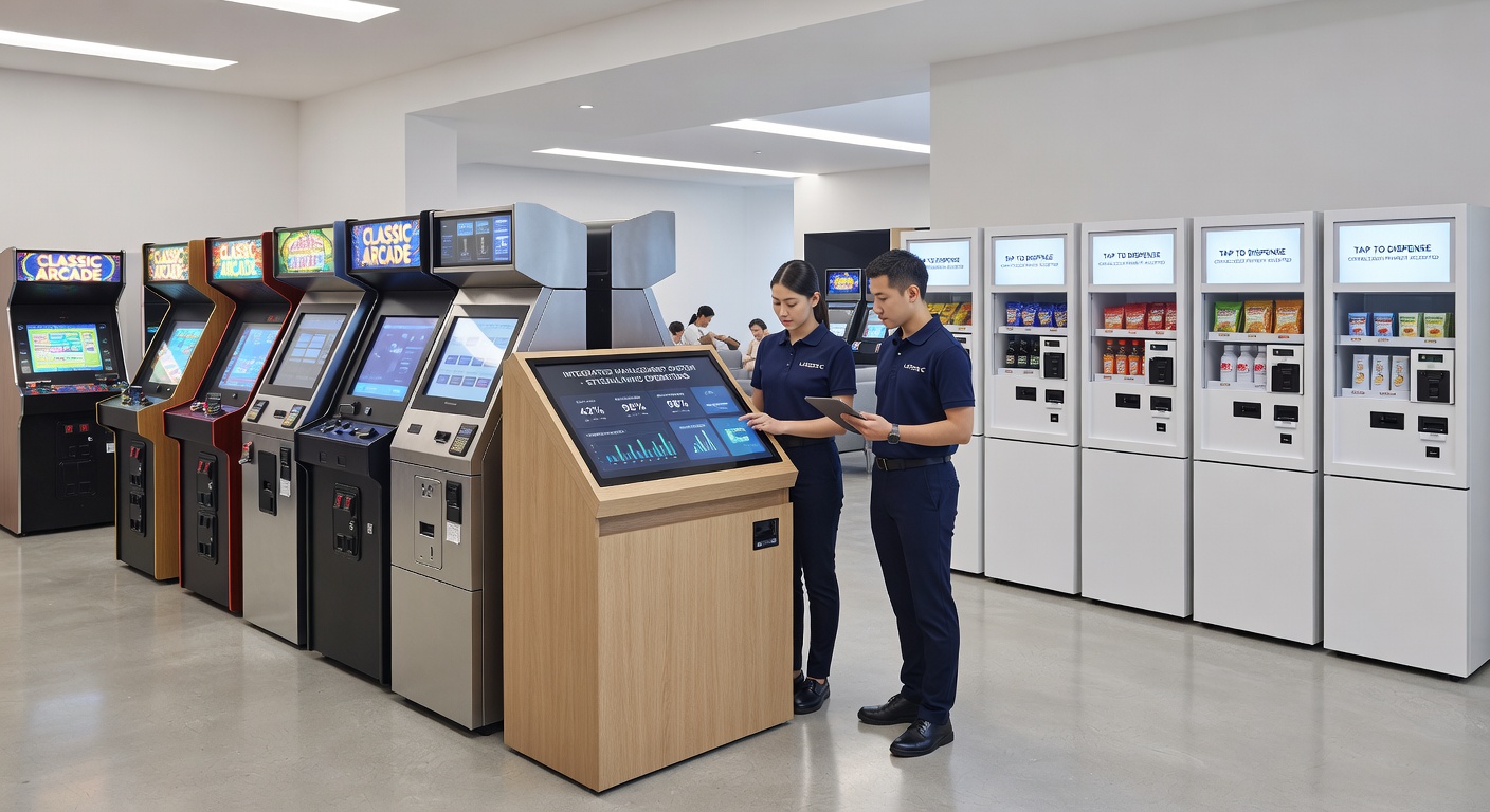 Innenansicht eines Freizeitkomplexes mit integrierten Automaten für Spiele und Verkauf