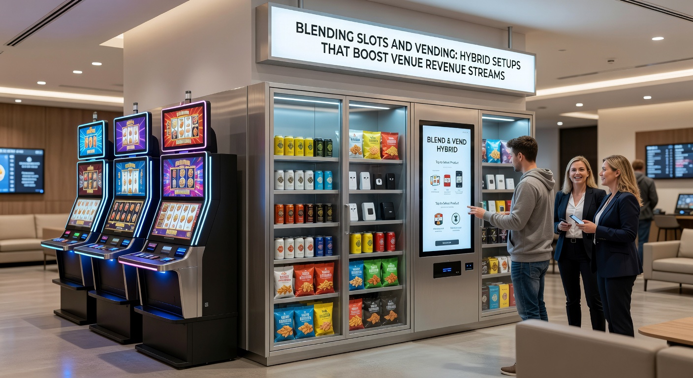 Detaillierte Ansicht eines hybriden Automaten, der Slots mit Vending-Funktionen integriert und Einnahmen visualisiert