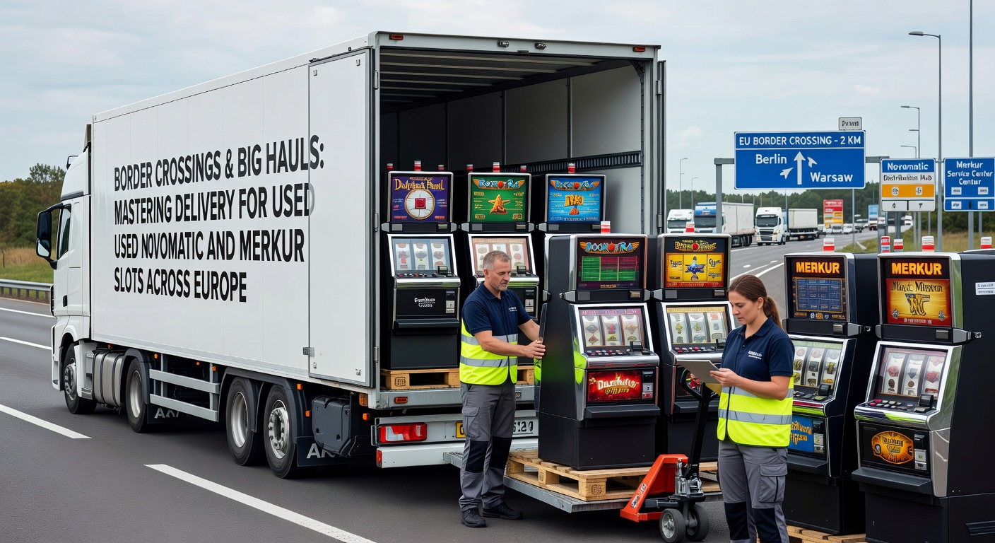 Gebrauchte Spielautomaten werden in einem Lager in Osteuropa entladen, mit Novomatic- und Merkur-Modellen im Vordergrund