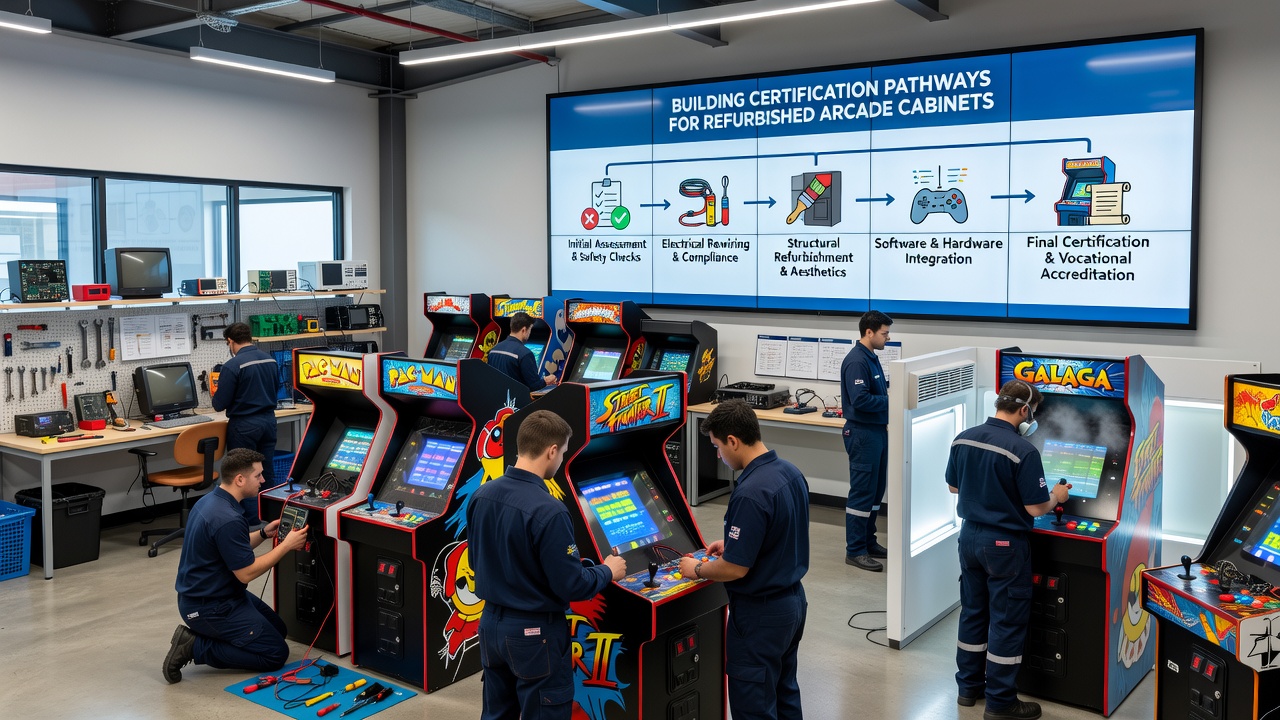 Teilnehmende eines Ausbildungsprogramms testen restaurierte Spielautomaten in einem vietnamesischen Berufsbildungszentrum