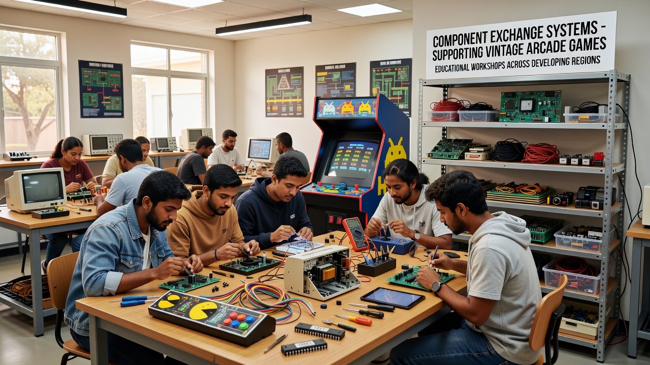 Techniker bei der Reparatur eines Arcade-Spielautomaten in einer Werkstatt in einer Entwicklungsregion