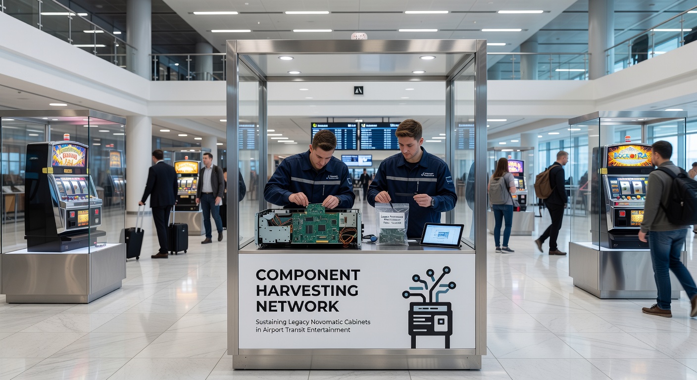 Techniker bei der Integration geernteter Komponenten in Novomatic-Kabinette für Flughafen-Unterhaltungsbereiche