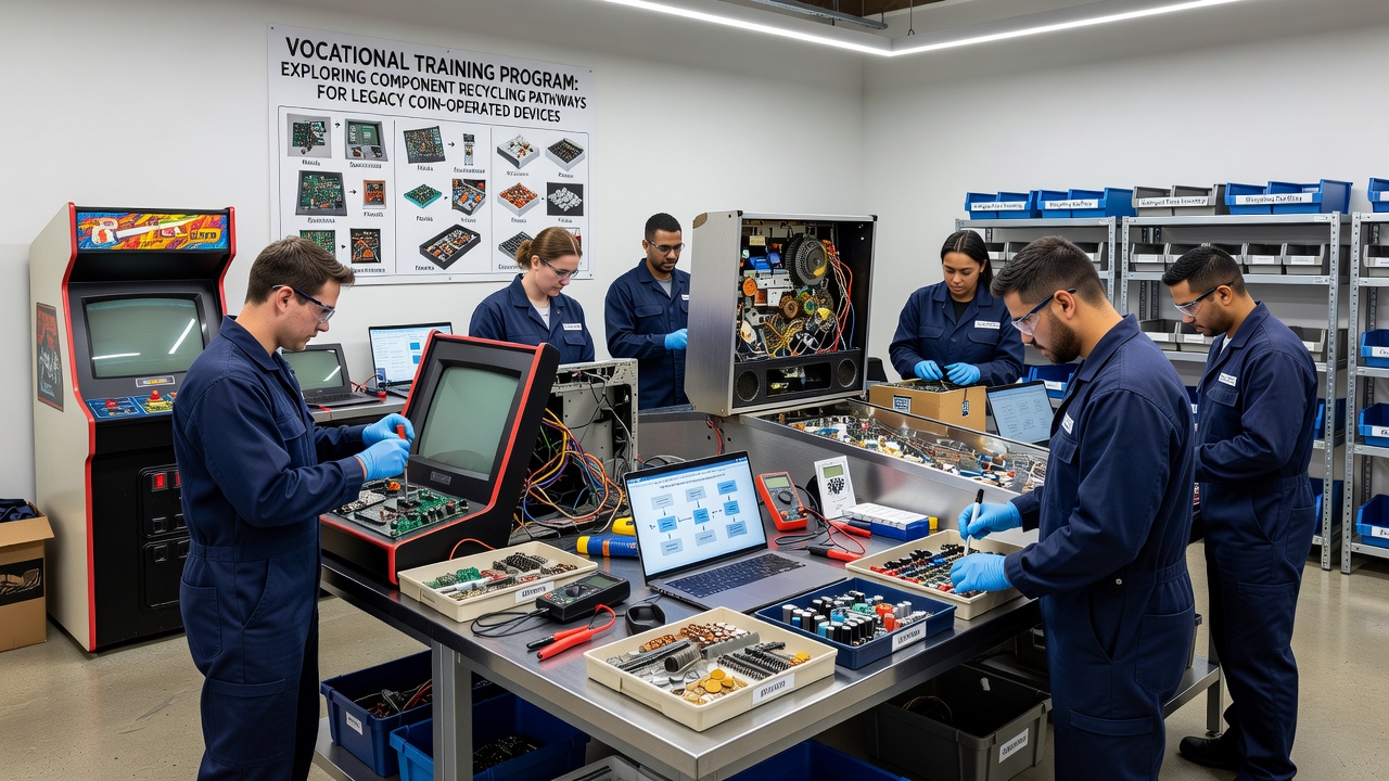 Gruppe von Auszubildenden sortiert recycelte Elektronikkomponenten aus Münzautomaten in einer Werkstatt in Südamerika