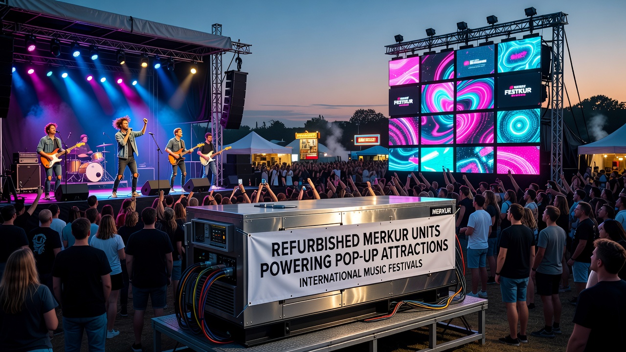 Techniker installieren Merkur-Einheiten in einer temporären Festival-Attraktion