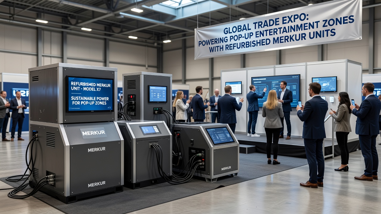 Techniker bei der Installation generalüberholter Merkur-Einheiten in einer Pop-up-Zone auf einer internationalen Messe