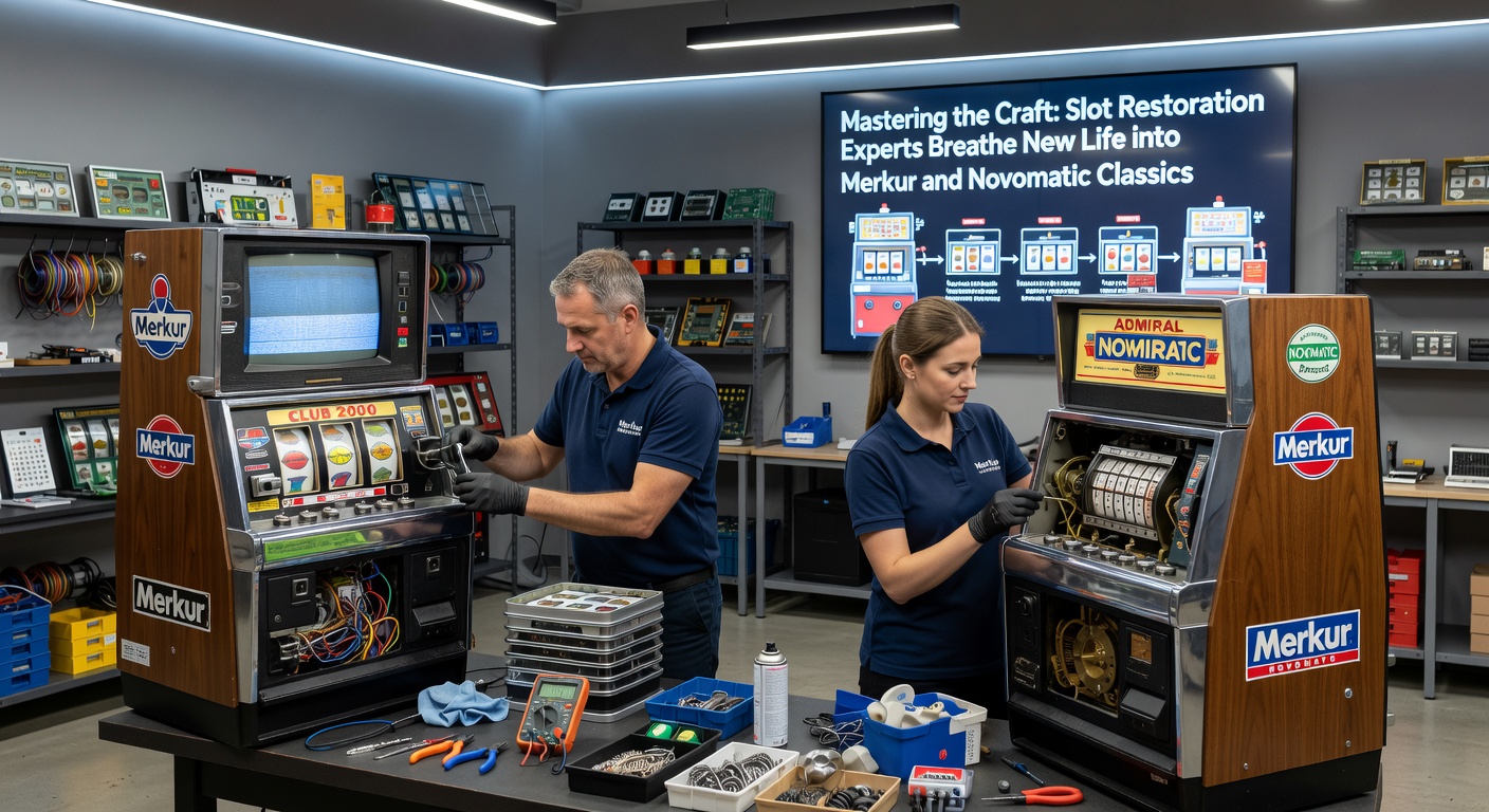 Ein Restaurierungs-Experte bei der Arbeit an einem klassischen Merkur-Spielautomaten, der Staub von den Mechaniken bläst und alte Teile poliert