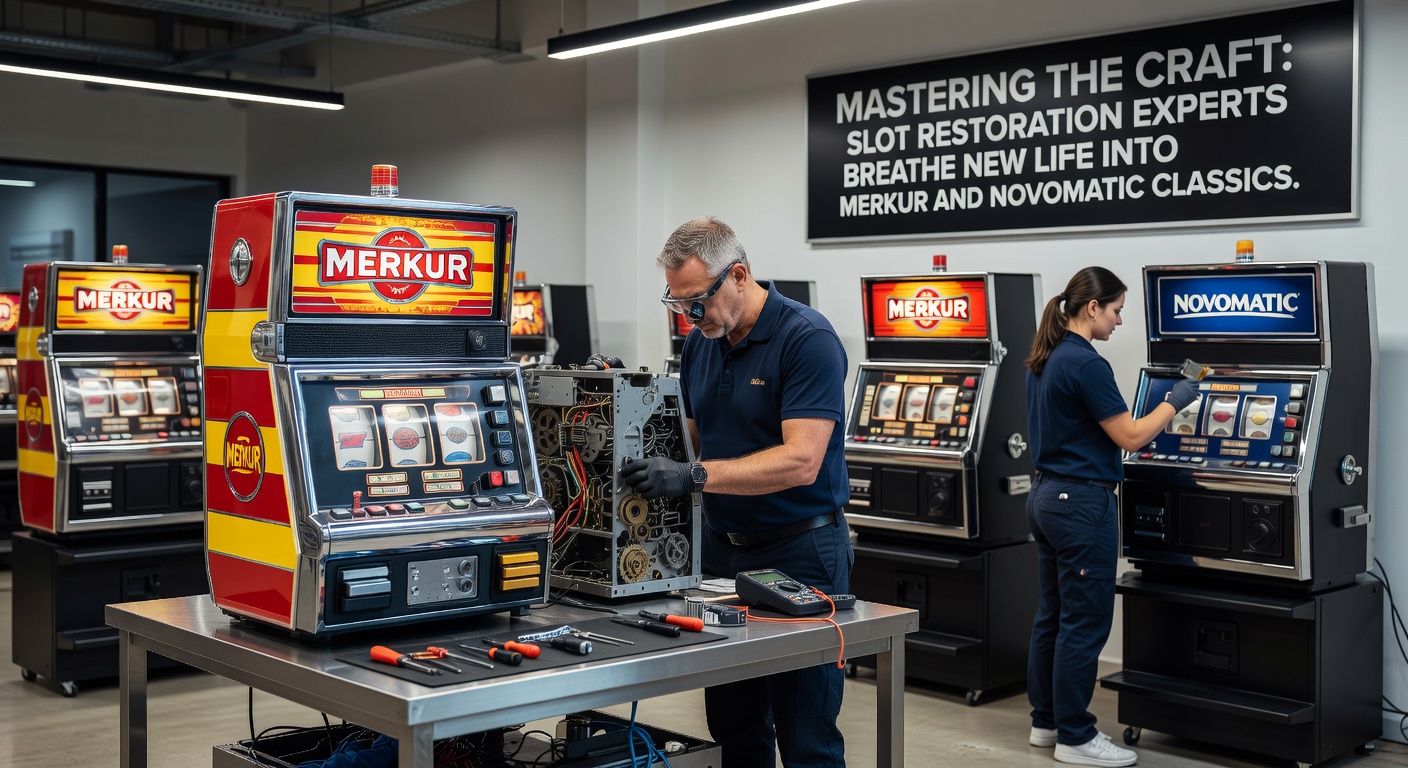 Nahaufnahme eines restaurierten Novomatic-Spielautomaten mit glänzenden Walzen und frischem Display, das klassische Früchte-Symbole zeigt