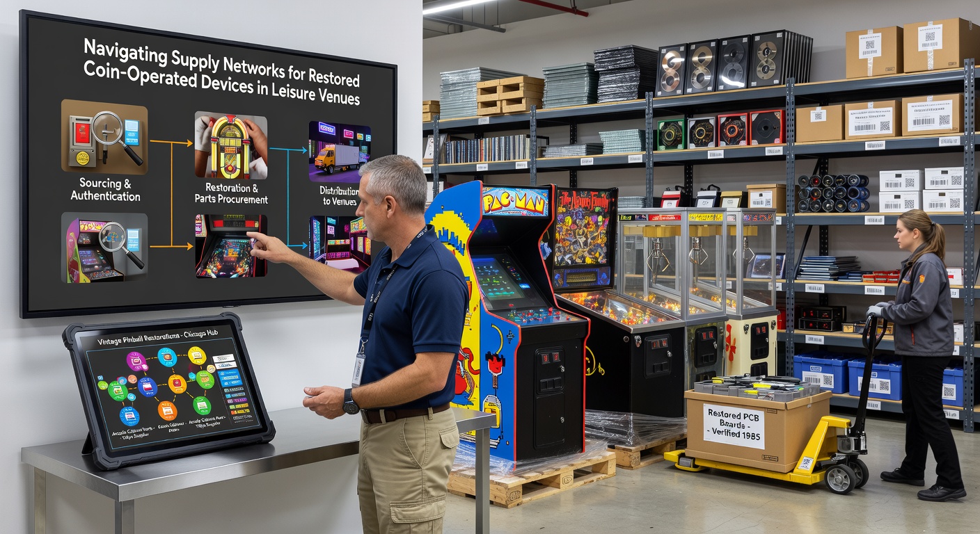 Techniker überprüfen die Installation eines restaurierten Münzautomaten in einer Freizeiteinrichtung