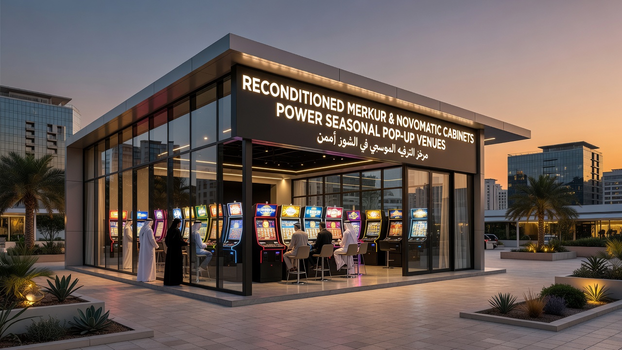 Techniker installieren reconditionierte Spielautomaten in einem temporären Freizeitkomplex im Nahen Osten
