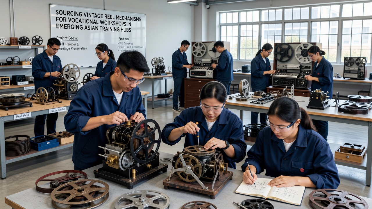 Techniker prüfen und sortieren vintage Walzenmechanismen für Ausbildungsworkshops in Asien