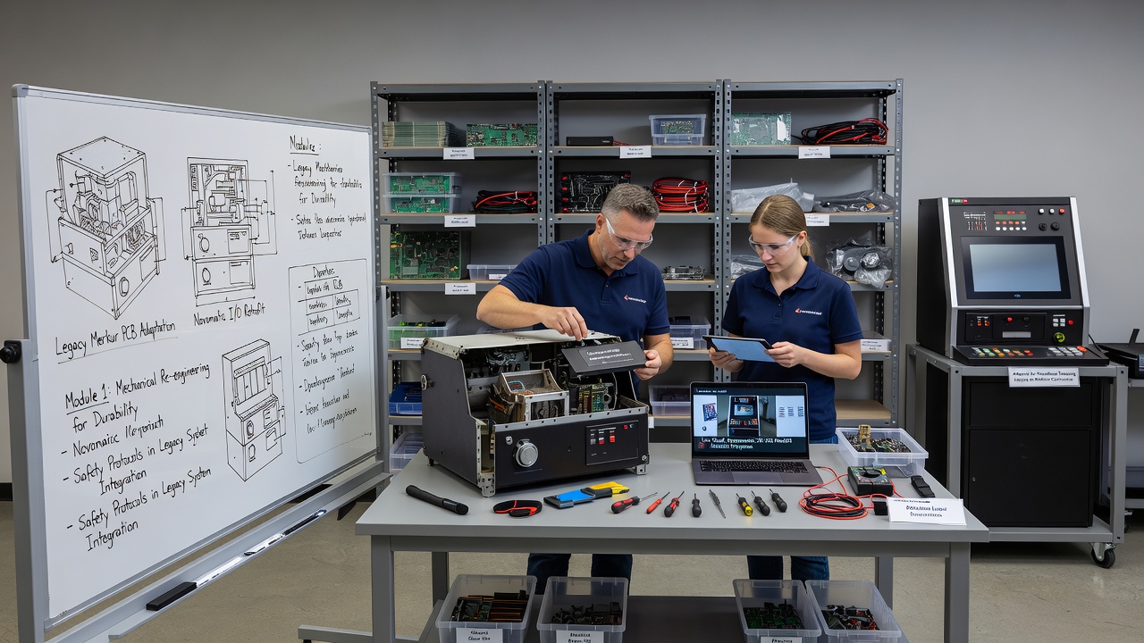 Gruppe von Auszubildenden bei der Arbeit an umgerüsteten Novomatic-Einheiten in einem modernen Berufsschul-Labor mit Messgeräten und Laptops