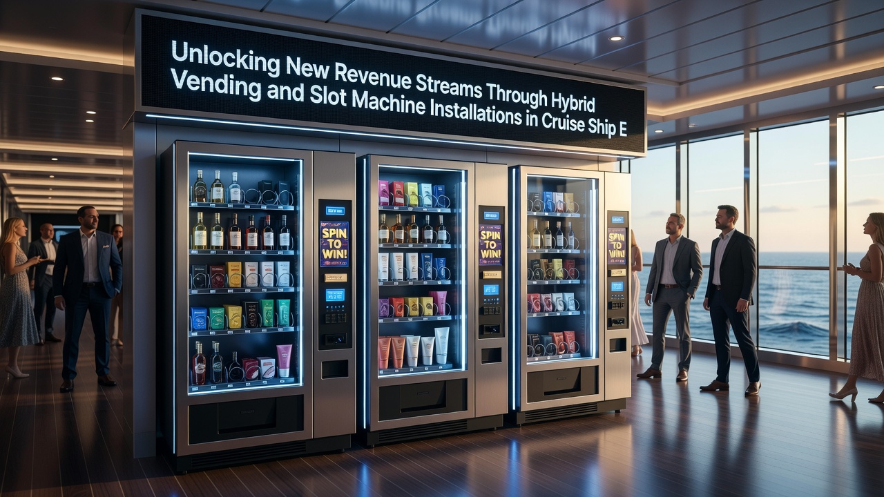 Detailaufnahme eines hybriden Setups mit integriertem Zahlungssystem zwischen Automaten auf einem Kreuzfahrtschiff